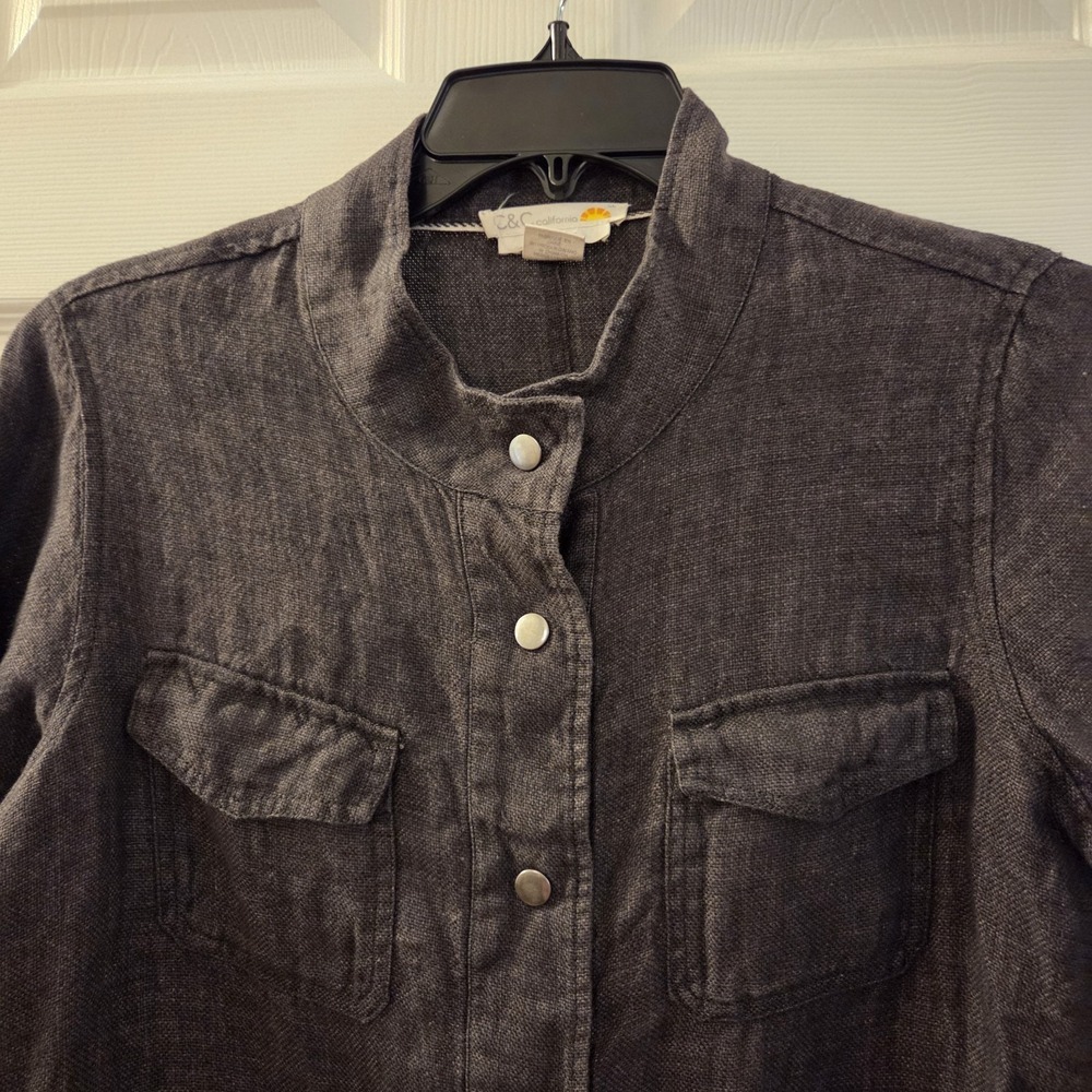 C & C California sz M 100% linen charcoal button up utility jacket lightweight - Picture 2 of 11